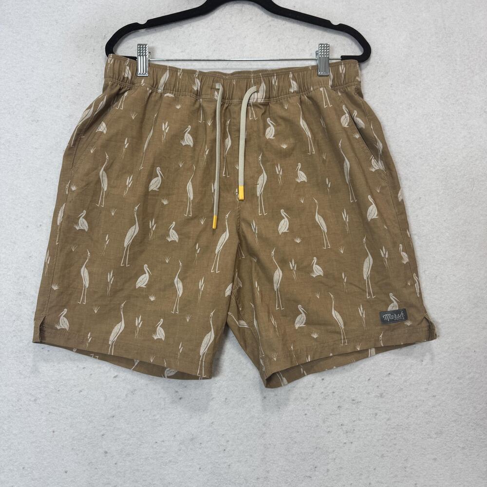 Marsh Wear Shorts Mens 36 Brown Bird Print Stretch Chino 8 Inseam Elastic Waist